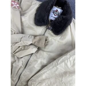 House of Blues Bomber Jacket Tan Faux Fur Collar Graphic Back Mens XL